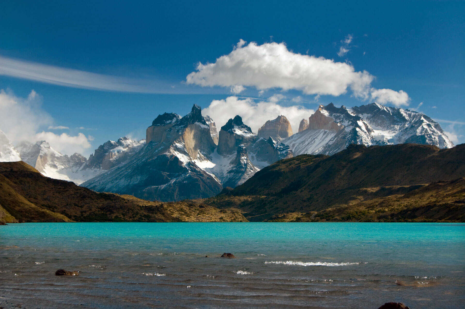 Hikers overlooking the jagged peaks of Patagonia